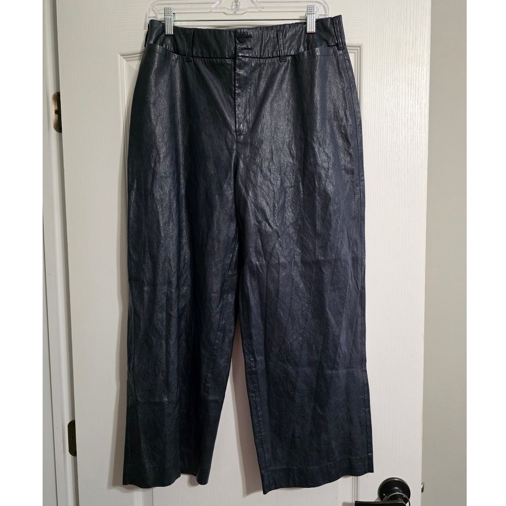 Chicos Coated Navy Blue Denim Jean Womens 10R/1.5 Cropped Wide Leg Professional